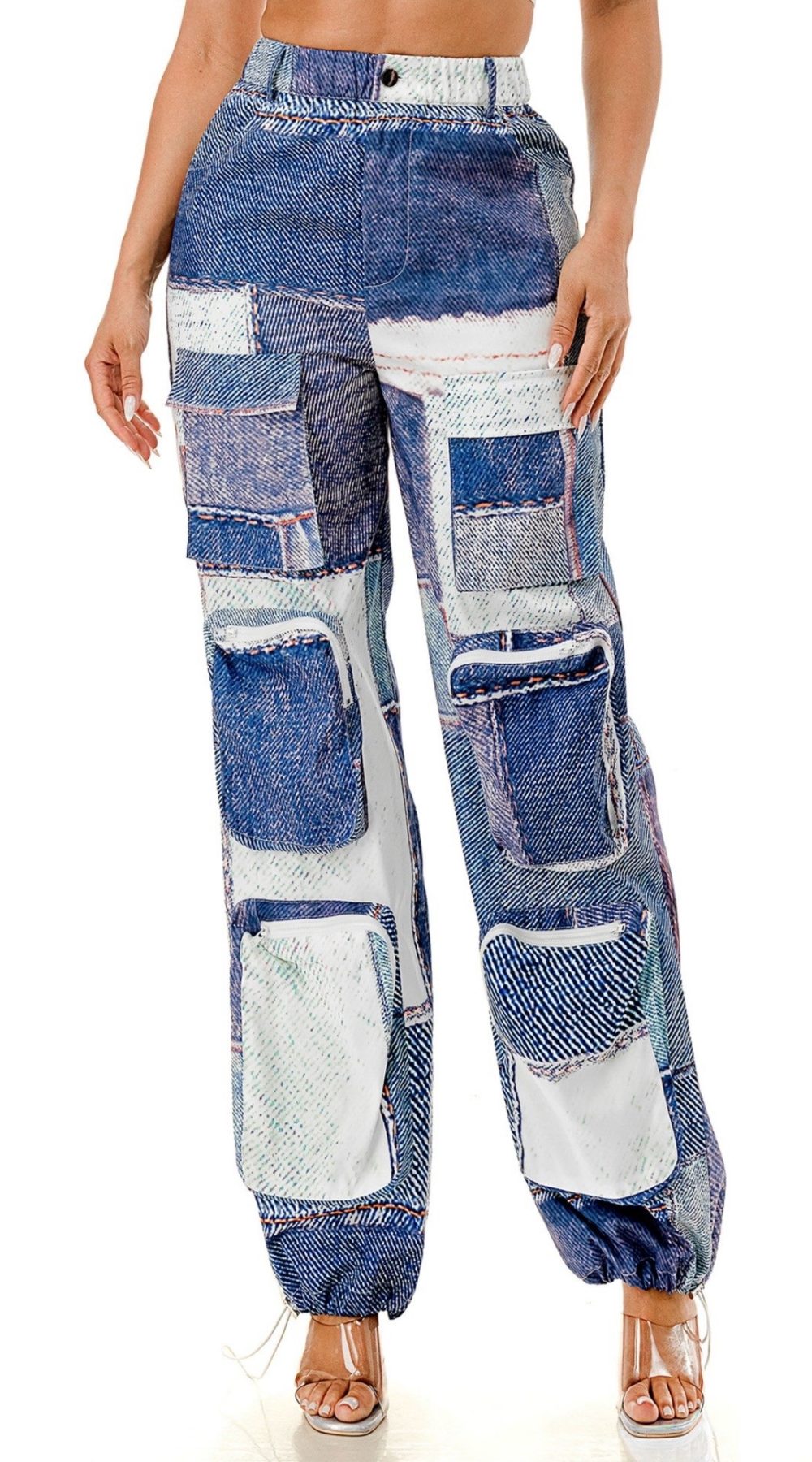 PLUS DENIM PATCHWORK PRINT CARGO POCKET PANTS