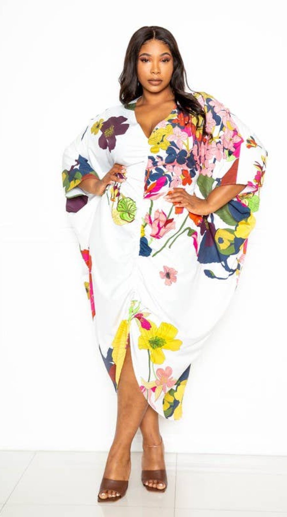 PRINTED RUCHED KAFTAN DRESS WITH INSIDE WAIST TIE