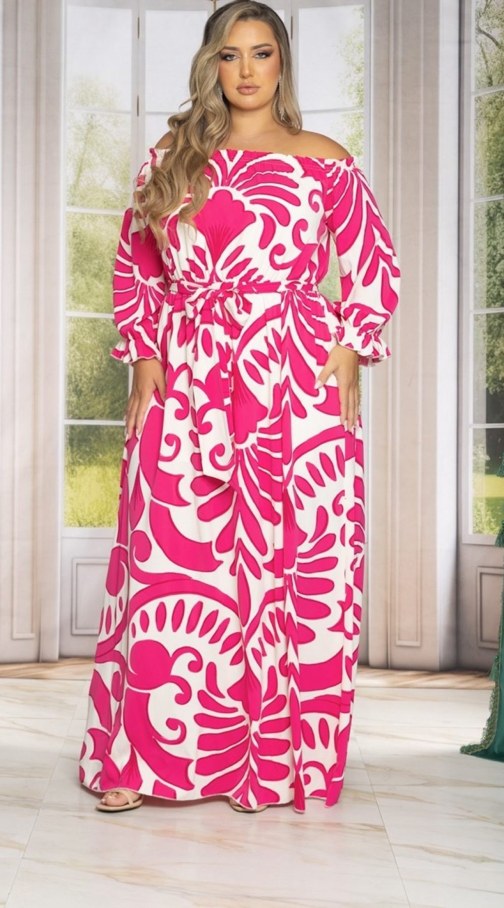PRINT OFF SHOULDER TIE WAIST SIDE SLIT